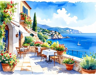 hand drawn watercolor painting of Mediterranean view restaurant. Landmark painting 
