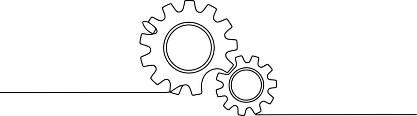 Continuous one line drawing displays two mechanical gears engaging together on a pristine white surface
