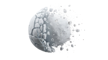 Abstract sphere fragmenting into icy particles isolated on transparent background
