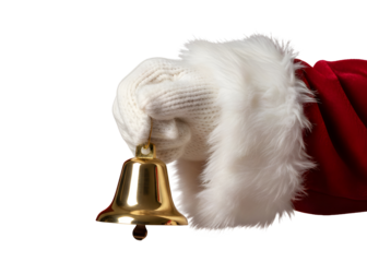 Santa Claus hand ringing vintage gold bell isolated on white or transparent backdrop.
