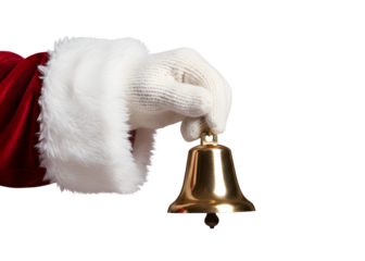 Santa Claus hand ringing vintage gold bell isolated on white or transparent backdrop.
