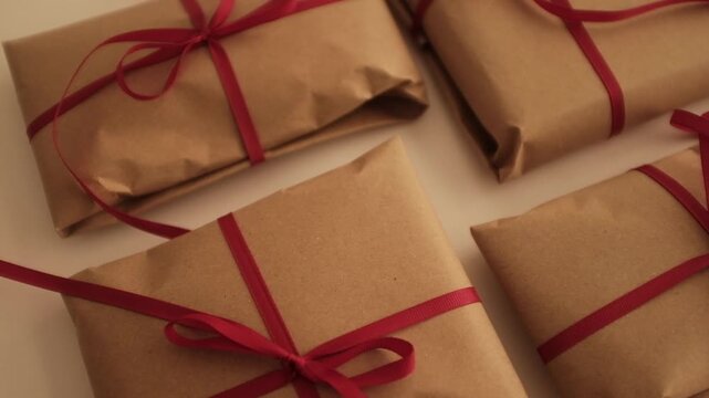Christmas presents wrapped in brown craft paper and tied with thin red ribbon. Simple and modern wrapping aesthetics. Winter holidays gift giving tradition. Secret Santa.