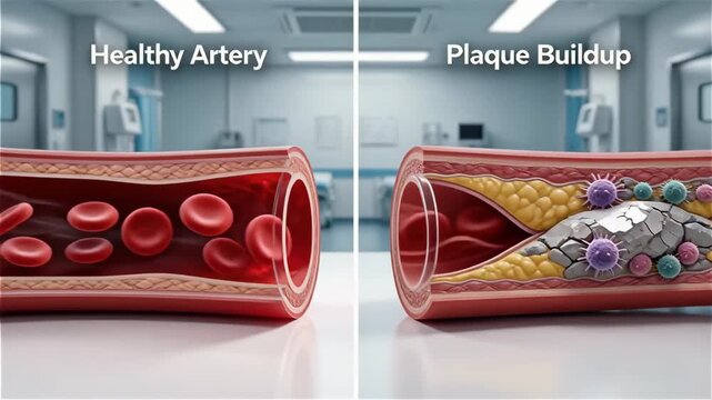 Comparison of a healthy artery and a plaque buildup artery.