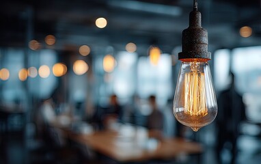 Modern office with an Edison bulb and blurred people for a teamwork concept. High quality. High quality. High quality