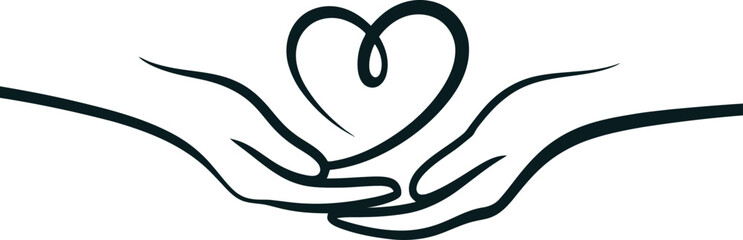 Two caring hands gently hold a heart shape formed by a continuous line on a white background, symbolizing empathy and support