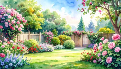 hand drawn watercolor painting of beautiful garden. landscape painting with climbing 