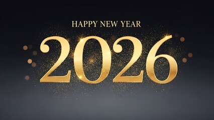 Happy New Year 2026 gold text with sparkles on black background