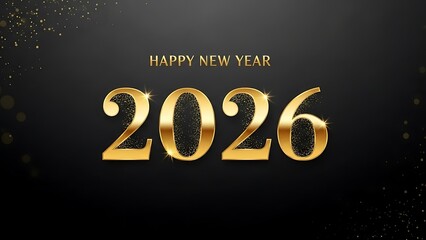 Happy New Year 2026 gold text on black background with sparkles