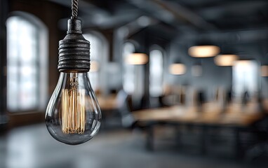 Modern office with an Edison bulb and blurred people for a teamwork concept. High quality. High quality. High quality