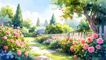 hand drawn watercolor painting of beautiful garden. landscape painting with climbing 