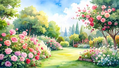 hand drawn watercolor painting of beautiful garden. landscape painting with climbing 