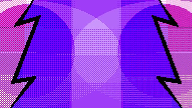 Retro pop art dynamic violet blue pixel art background with black flash lightening. Manga Sunburst Energy Background Animation. Anime superhero speed of geometric shapes in pixelated style