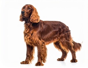 Photo of an Irish Setter dog isolated on a white background. Elegant long-haired hunting breed, ideal for pet, animal, and studio photography projects