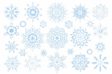 A collection of delicate light blue snowflakes in various intricate designs