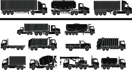 Commercial Truck Silhouette Collection Featuring Cargo, Tanker, Dump, and Utility Vehicles for Logistics and Transportation Design © Nayan