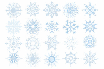 A collection of delicate pale blue snowflakes in various unique designs