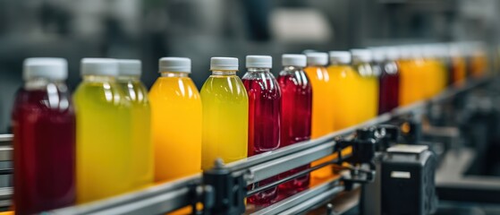 Bottles of colorful juice moving on a production line in a factory