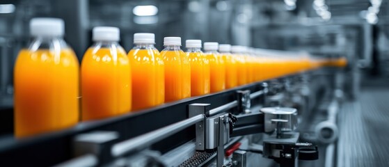Bottles of orange liquid on a production line in a factory