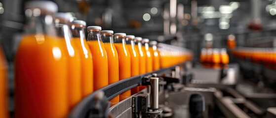 Bottles of orange juice move along a production line in industrial process