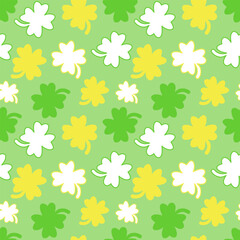 Green and Yellow Shamrock Pattern with White Outlines. Seamless St. Patrick&rsquo;s Day Design for Decorations, Wrapping, Cards and Seasonal Projects