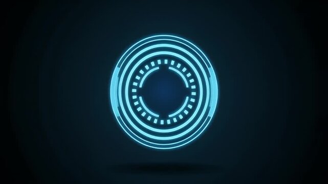 A glowing, circular digital interface element on a dark background. The circle has multiple concentric rings and inner patterns