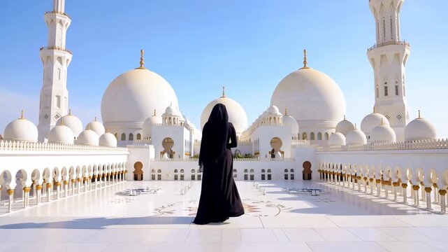 Woman In Cultural Dress Gazes, Woman Wearing Customary Attire Looks Over Mosque Courtyards Beneath Sky