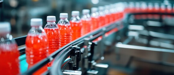 Bottled beverages in production line conveying drinks in a factory