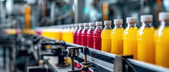 Bottled beverages on production line showing automation and industrial process