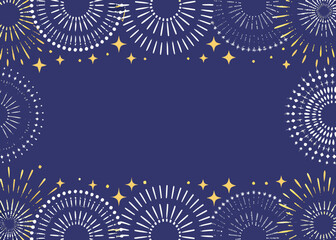 A festive dark blue background with sparkling firework and starburst elements
