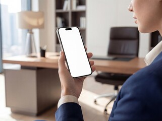 Professional Woman Checking Smartphone with Blank Screen mockup