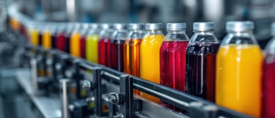 Bottles of colorful juice on a production line in a factory environment