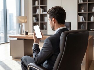 Businessman Using Smartphone Mockup in Modern Office