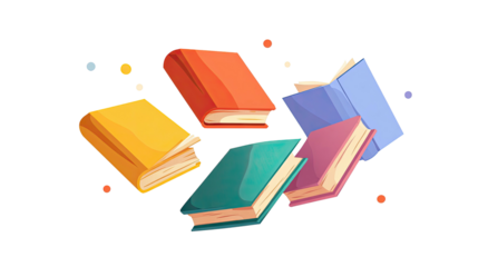 Colorful illustrated books floating in an array, on a black background