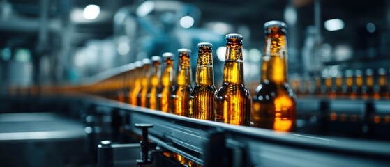 Bottles moving on a conveyor belt in a brewery production line industrial setting