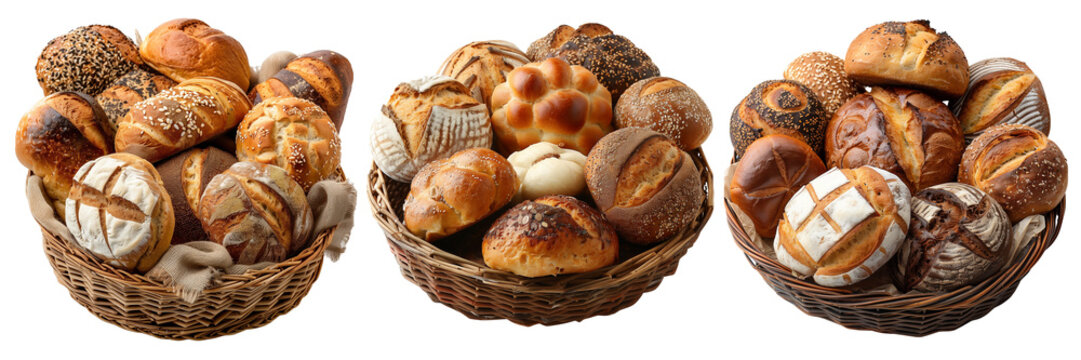 Set of freshly baked breads arranged in baskets isolated on transparent or white background
