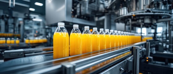 Bottles of juice on a production line in a factory environment food industry