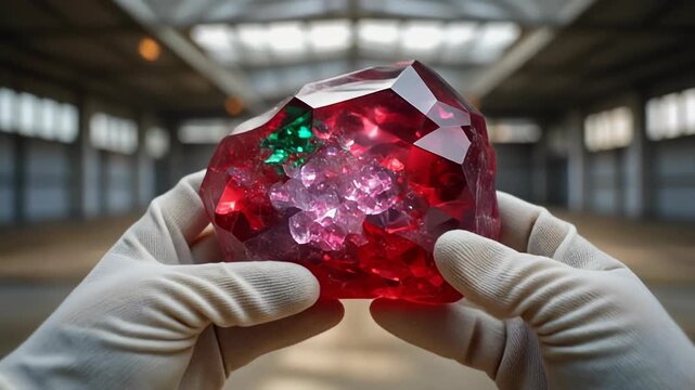 A large, multifaceted gemstone with a gradient of red and pink hues, held by gloved hands, in an industrial setting. Contains patches of green