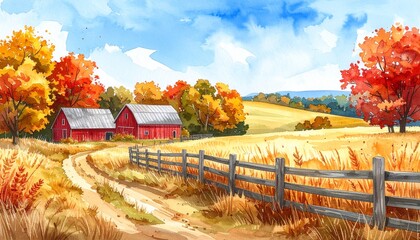 Hand drawn watercolor painting of farmland in fall. Landscape painting with red bar