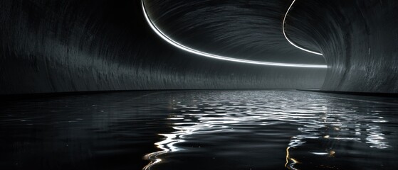 Abstract tunnel with water reflection and glowing lines futuristic concept