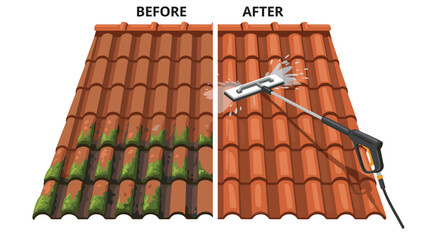 Before and after comparison showcasing effective roof cleaning with a pressure washer, illustrating the removal of green moss and dirt for a pristine surface.