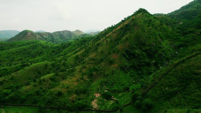 4K Aerial shot of green forest of Aravali hills as seen from Rayta, Udaipur, India. Aravalli range during monsoon season. Nature landscape. 