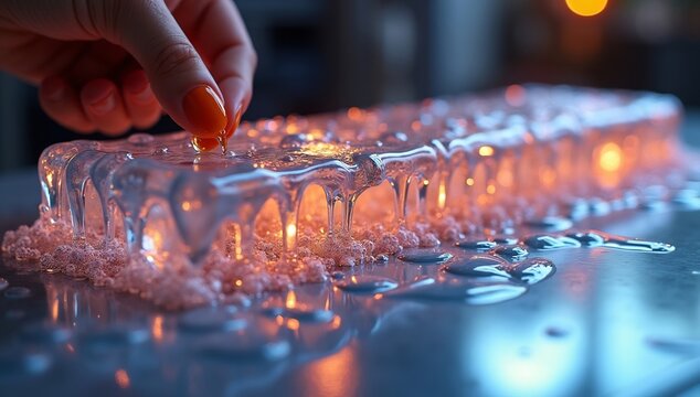 Hand with orange nails drips liquid onto glowing melting icegel block creating bubbles and puddles on a reflective surface