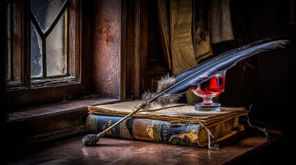 handwritten. Still life of handwritten manuscripts, a feather pen, and wine on a wooden desk. event programs, museum guides, designed for cultural heritage projects and event programs.