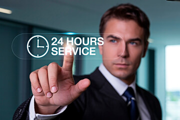 Man touching 24 hours service concept image for the concept of customer service.