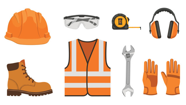 Comprehensive set of essential personal protective equipment for construction workers, including a hard hat, safety glasses, reflective vest, and robust work boots.