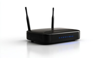 Fototapeta premium A sleek black router with dual antennas and LED lights, perfect for technology-related content, showcasing home or office connectivity solutions, Use it for websites, ads