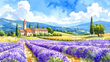 hand drawn watercolor painting of beautiful Italian countryside. landscape painting 