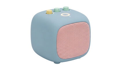 A pastel blue and pink portable speaker sits on a white background with buttons on top.