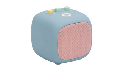 A pastel blue and pink portable speaker sits on a white background with buttons on top.