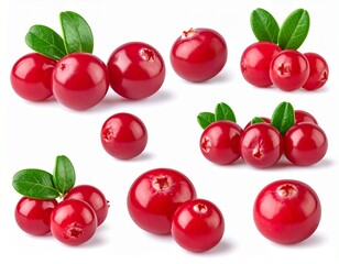 Lingonberries With Leaves On White, Berry Arrangement Concept, Generative AI